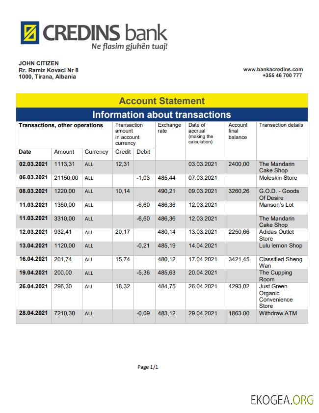Relevé bancaire Albanie Credins
